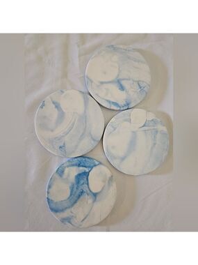 Upcycled Blue White Fluid Art Coasters Set of 4 Handmade Ceramic Circular Decor